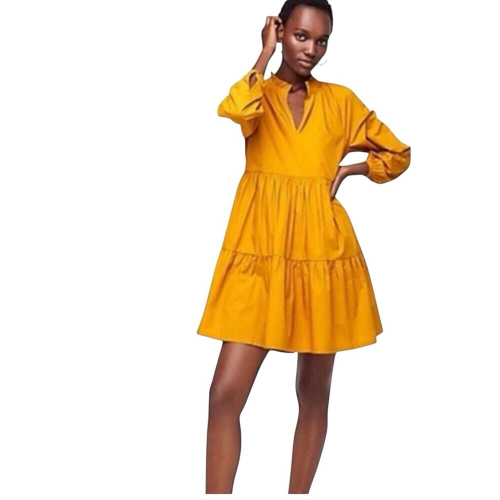 J Crew XL Gold Yellow Long Sleeve Tiered Poplin Popover Thea Dress oversize
